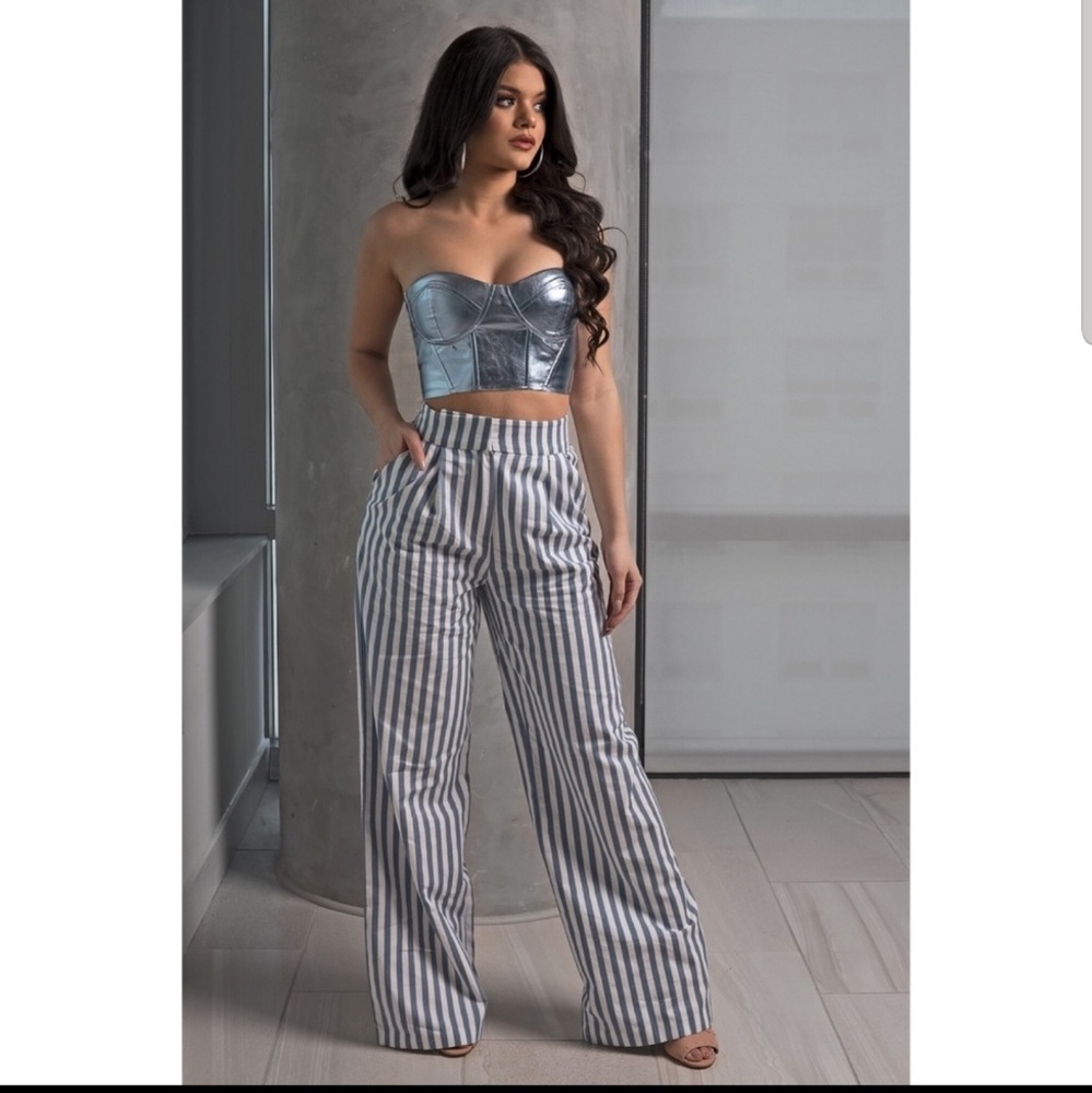 Blue White stripe high waist wideleg trousers L - Picture 5 of 7